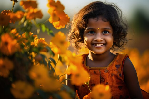 Portrait of young girl at the flowers field