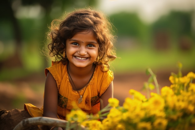 Portrait of young girl at the flowers field