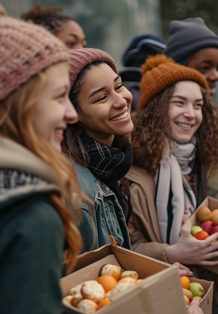 Free photo portrait of young people with fresh produce in boxes