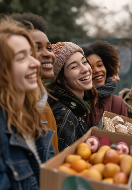 Free Photo portrait of young people with fresh produce in boxes