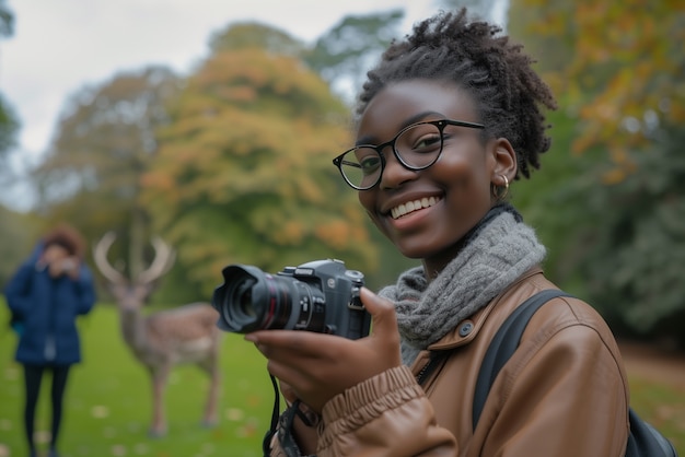 Free photo portrait of young person celebrating world photography day with camera device