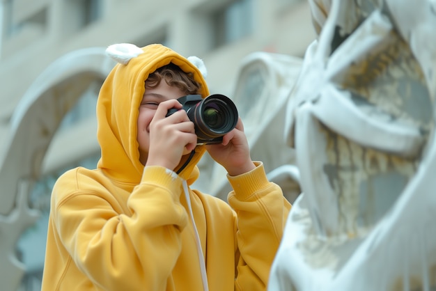 Free photo portrait of young person celebrating world photography day with camera device