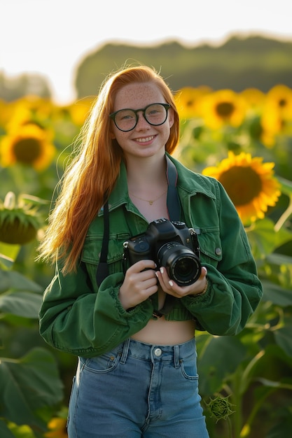 Free Photo portrait of young person celebrating world photography day with camera device