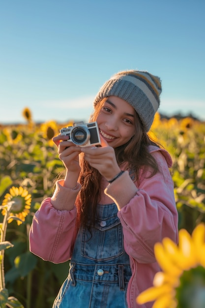 Free Photo portrait of young person celebrating world photography day with camera device