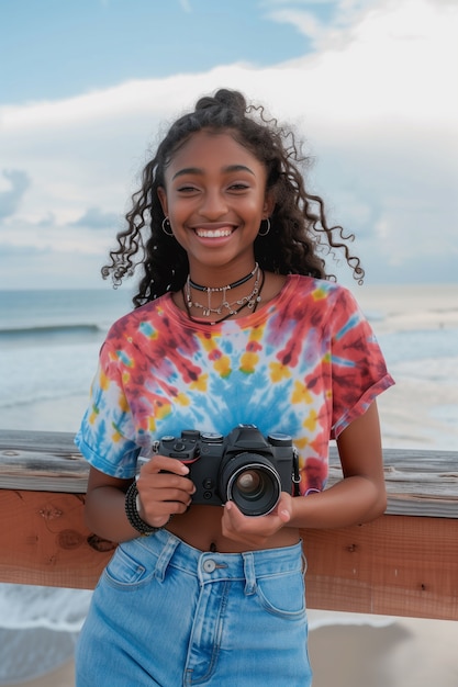 Free photo portrait of young person celebrating world photography day with camera device