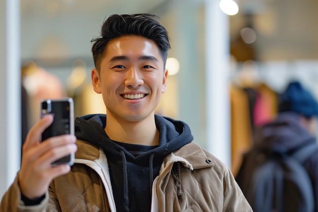 Portrait of young person celebrating world photography day with camera device