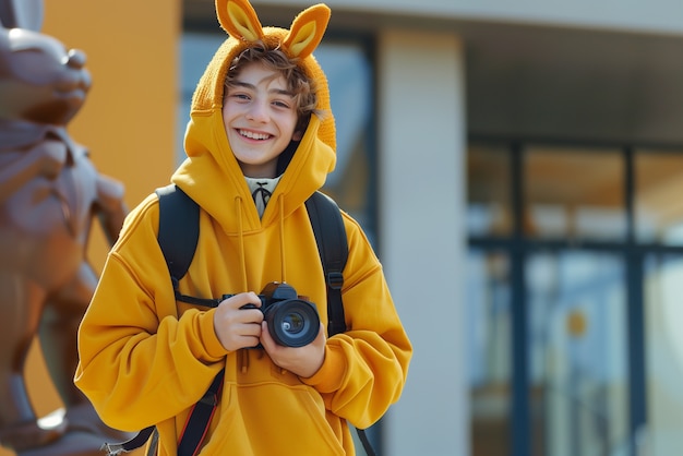 Portrait of young person holding camera device for world photography day