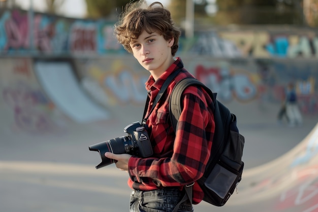 Portrait of young person holding camera device for world photography day