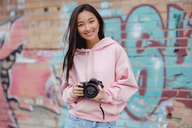 Portrait of young person holding camera device for world photography day