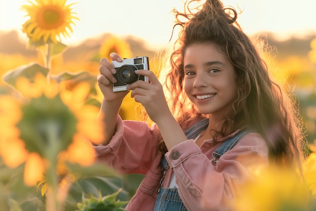 Free Photo portrait of young person holding camera device for world photography day