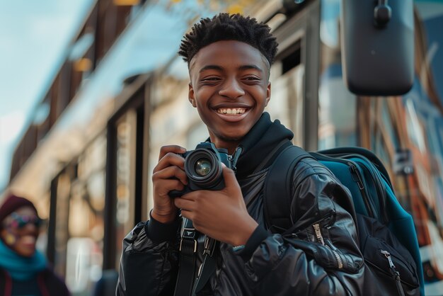 Portrait of young person holding camera device for world photography day