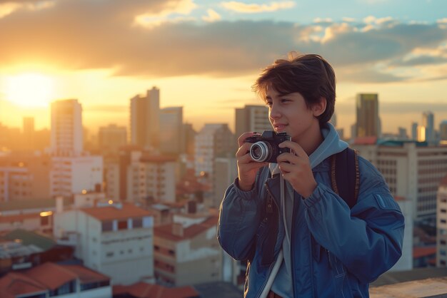 Portrait of young person holding camera device for world photography day