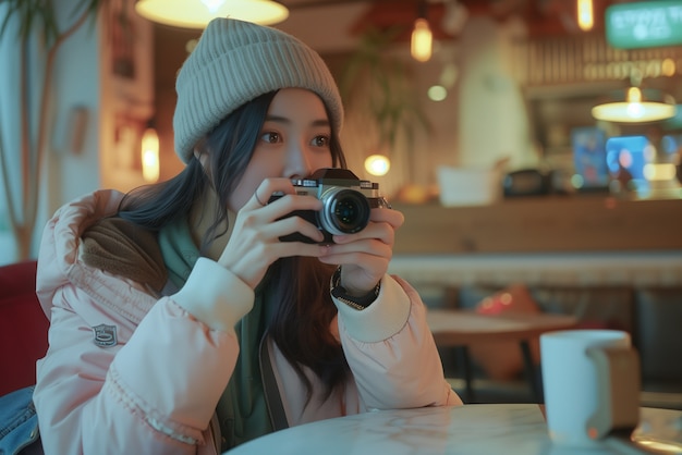 Portrait of young person holding camera device for world photography day