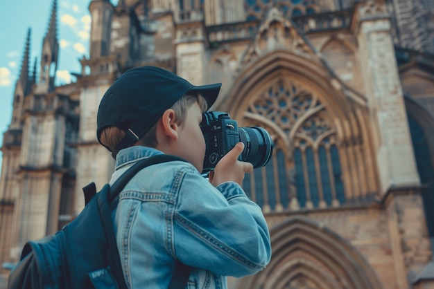 Free photo portrait of young person holding camera device for world photography day