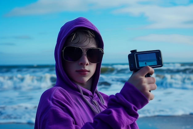 Free photo portrait of young person holding camera device for world photography day