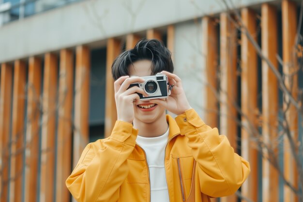 Portrait of young person holding camera device for world photography day