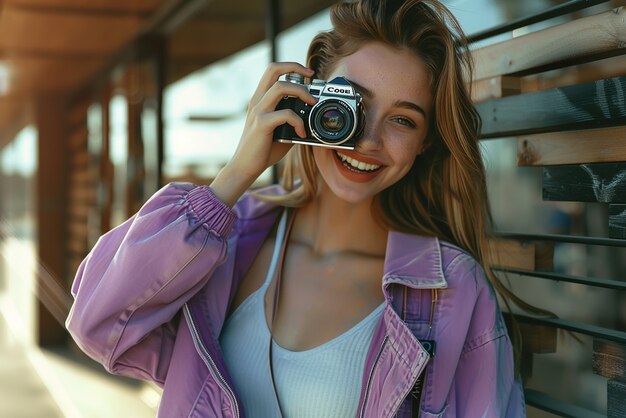 Portrait of young person holding camera device for world photography day