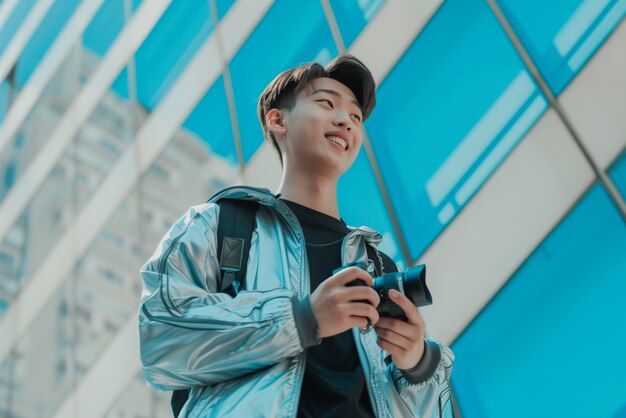 Portrait of young person holding camera device for world photography day