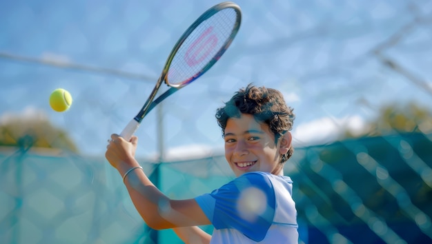 Portrait of young player practicing tennis