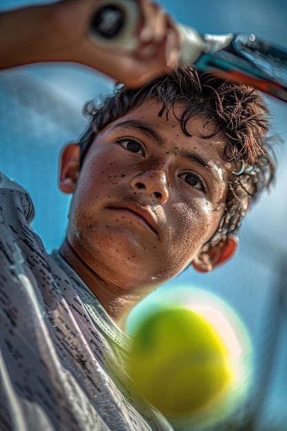 Free photo portrait of young player practicing tennis