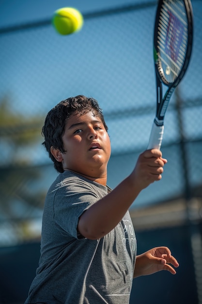 Portrait of young player practicing tennis