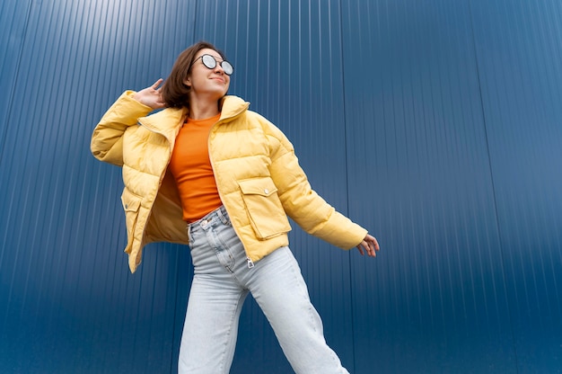 Portrait young woman jumping