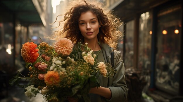 Portrait of young woman with flower bouquet