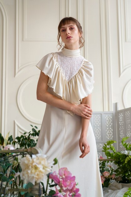 Portrait of young woman with flowers wearing a boho chic dress