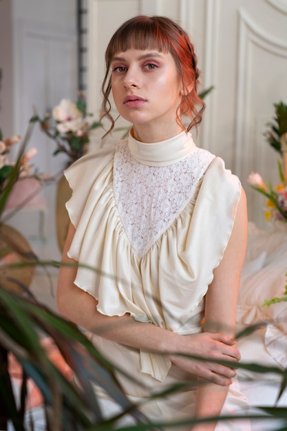 Free photo portrait of young woman with flowers wearing a boho chic dress