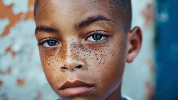 Portrait of youth with freckles and beauty marks