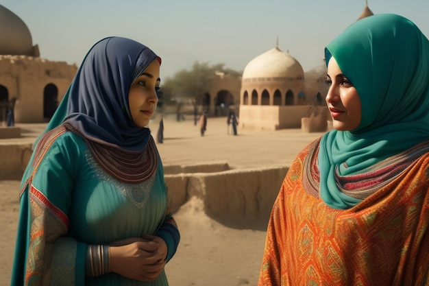 A poster with two women in hijab and a dome with the words ramadan on it