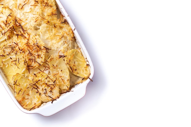 Free photo potato gratin baked with cream and cheese isolated on white background