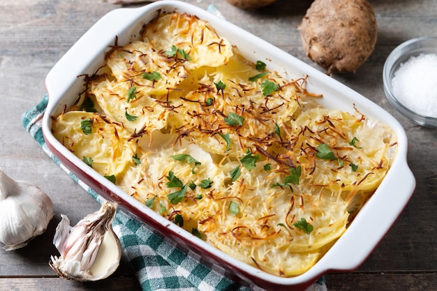 Free photo potato gratin baked with cream and cheese on wooden table close upxa