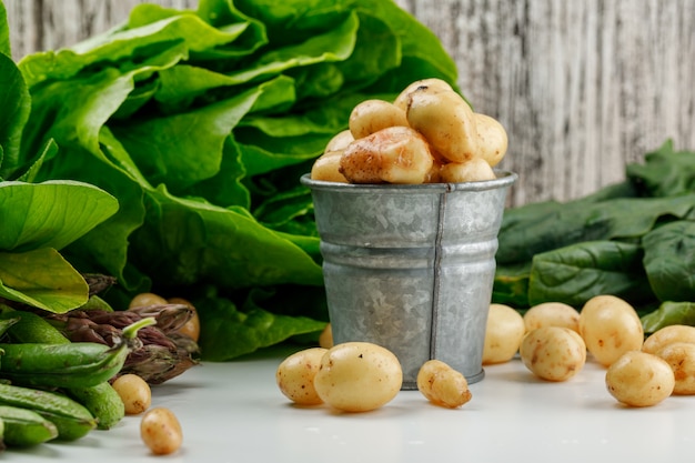 Potatoes with spinach, lettuce, asparagus, sorrel, green pods in a mini bucket on white and grungy wall, side view.