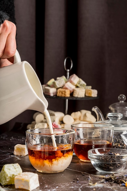 Pouring milk in tea