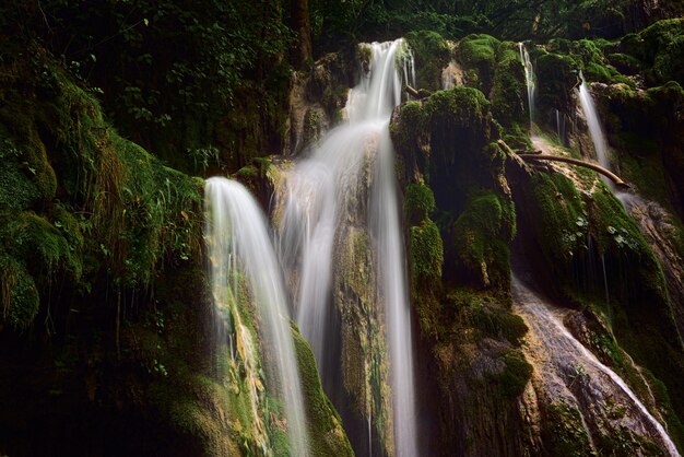 a powerful waterfall in a forest near mossy rock formations