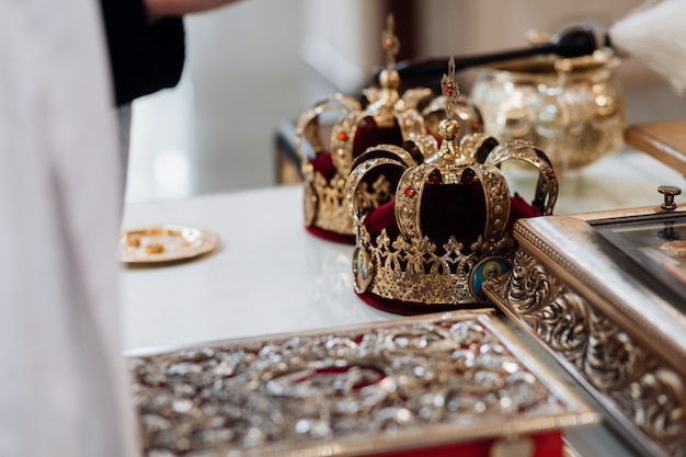 Free Photo precious wedding crowns in the church for the sacred wedlock ritual