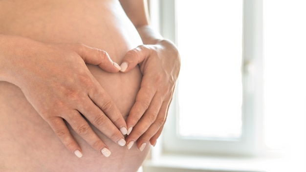 Pregnant woman holding her naked belly