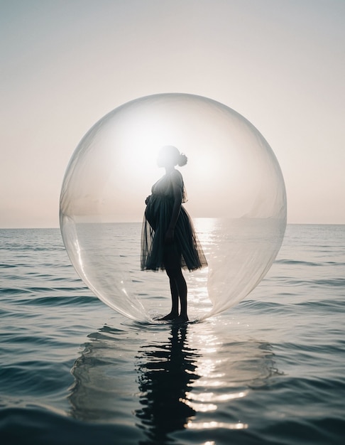 Free Photo pregnant woman inside a bubble over the sea