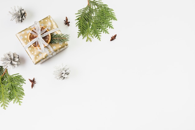 Free Photo present box in christmas wrap near snags and coniferous branches