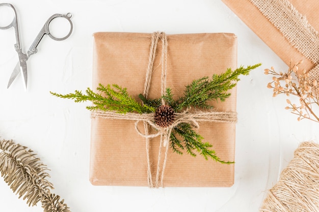 Free photo present box in craft paper with coniferous twig