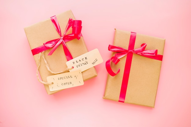 Free photo present boxes with bows and sale tags