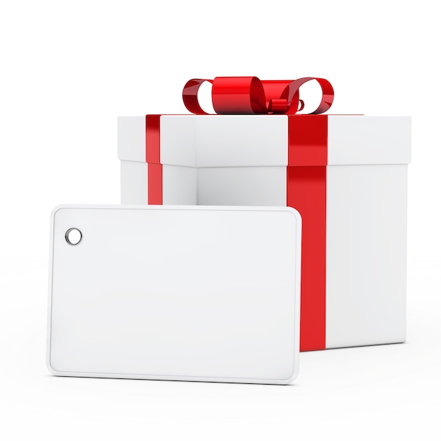 Present with red ribbon and a big tag