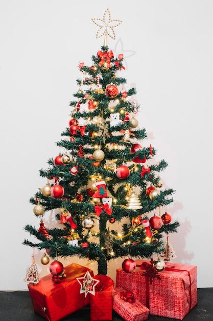 Presents in front of christmas tree