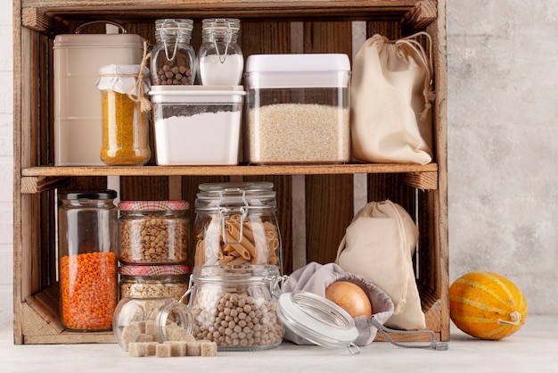 Free photo preserved food assortment on shelves