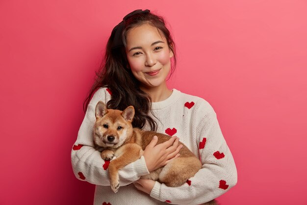 Pretty Asian housewife carries pedigree dog on hands, expresses love to pet, hugs puppy, wears casual jumper, stands with furry shiba inu, isolated over pink background.