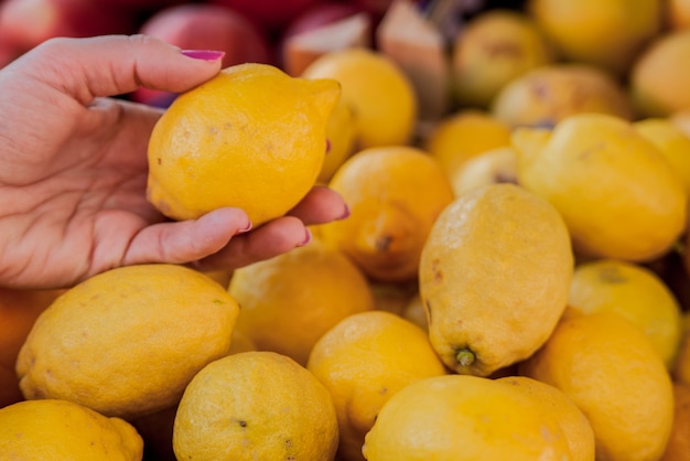 Free photo pretty female customer buying lemons on fruit market. woman choosing lemons. woman choosing fresh lemons for measuring in grocery store