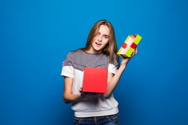 Free photo pretty girl become empty giftbox for her birthday