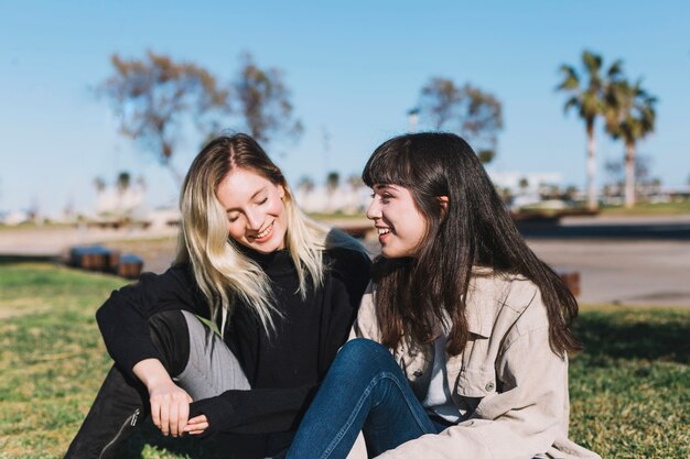 Pretty girlfriends chatting on green grass