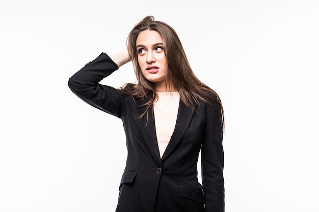 Pretty professional woman wearing black dress suite isolated on a white.